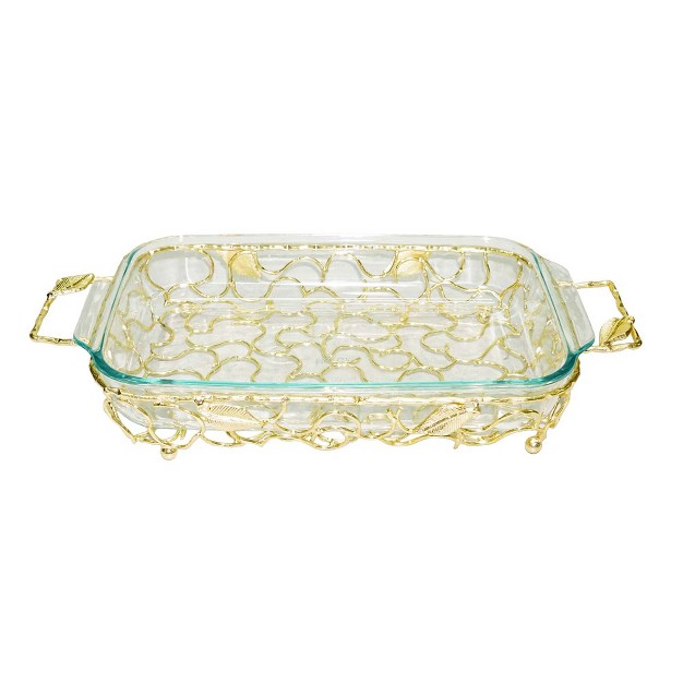 Classic Touch Rectangular Gold Handled Pyrex Holder With Leaf Design