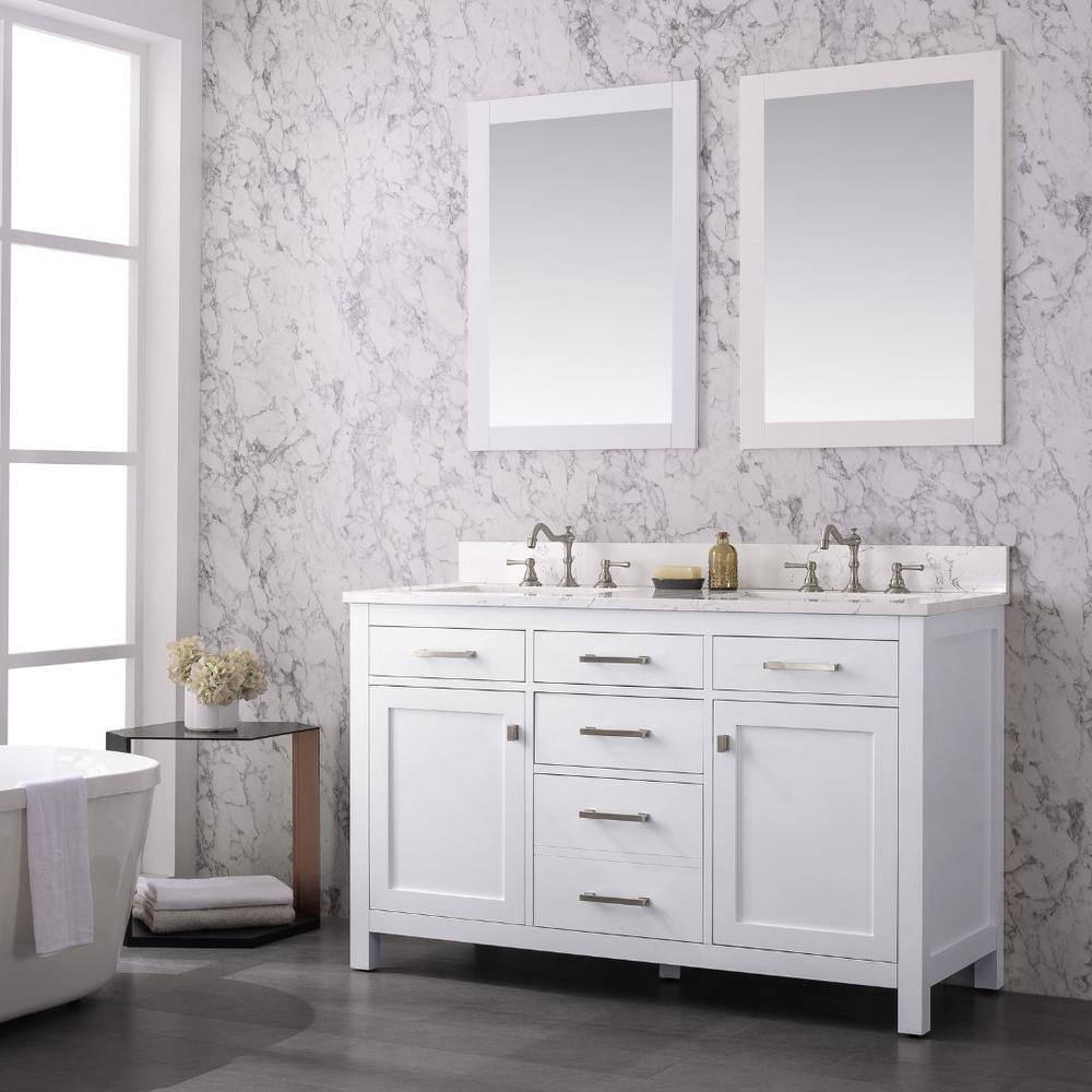 SUDIO Jasper 54 in. W x 22 in. D Bath Vanity in White with Engineered Stone Vanity Top in Carrara White with White Basins Jasper-54W-D