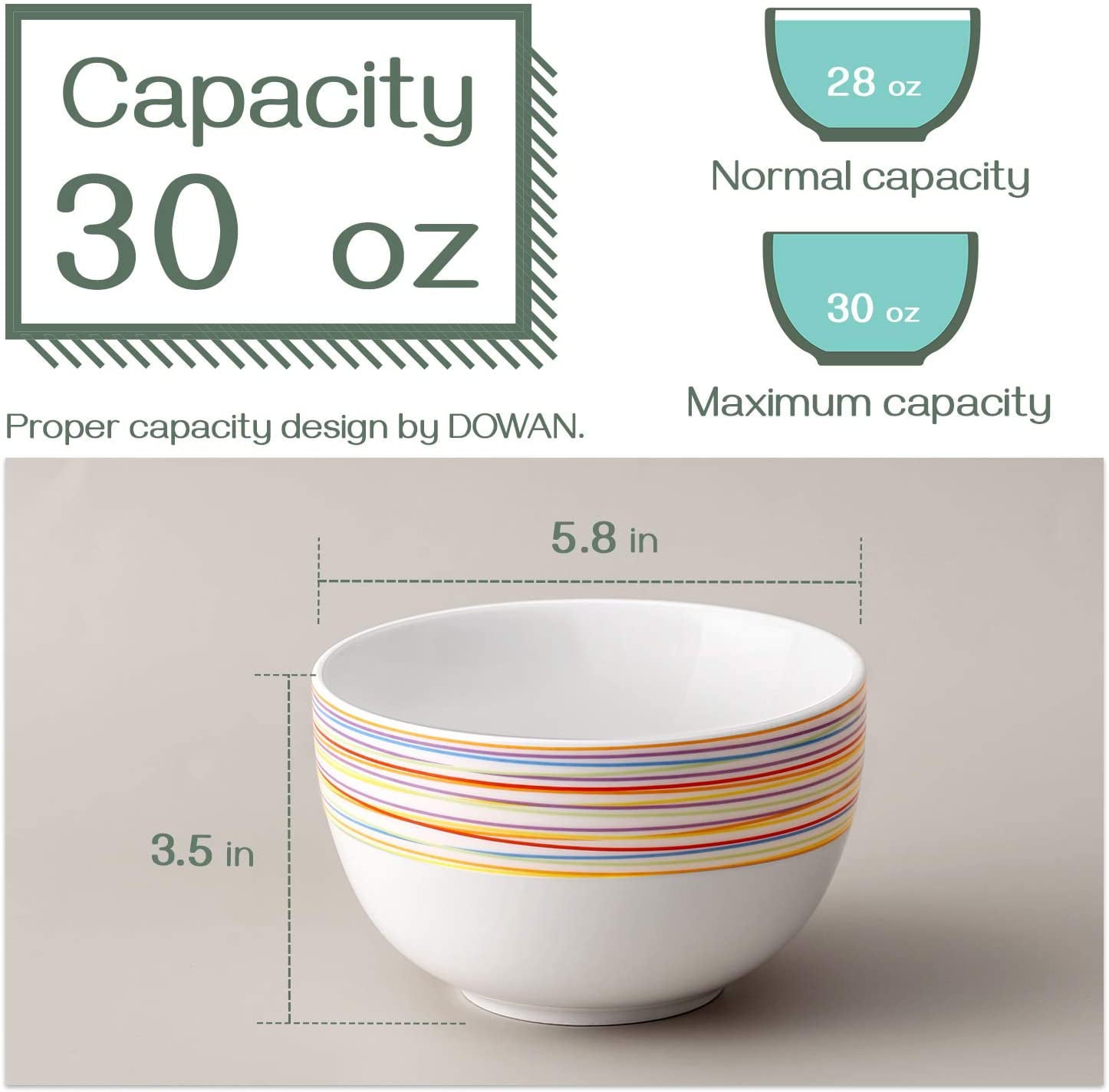 DOWAN Deep Cereal Bowls， 30 Ounce Salad Serving Bowls， Ceramic Soup Bowls for Oatmeal， Ramen Bowls for Kitchen， Microwave and Dishwasher Safe， Set of 4， White with Rainbow Stripes