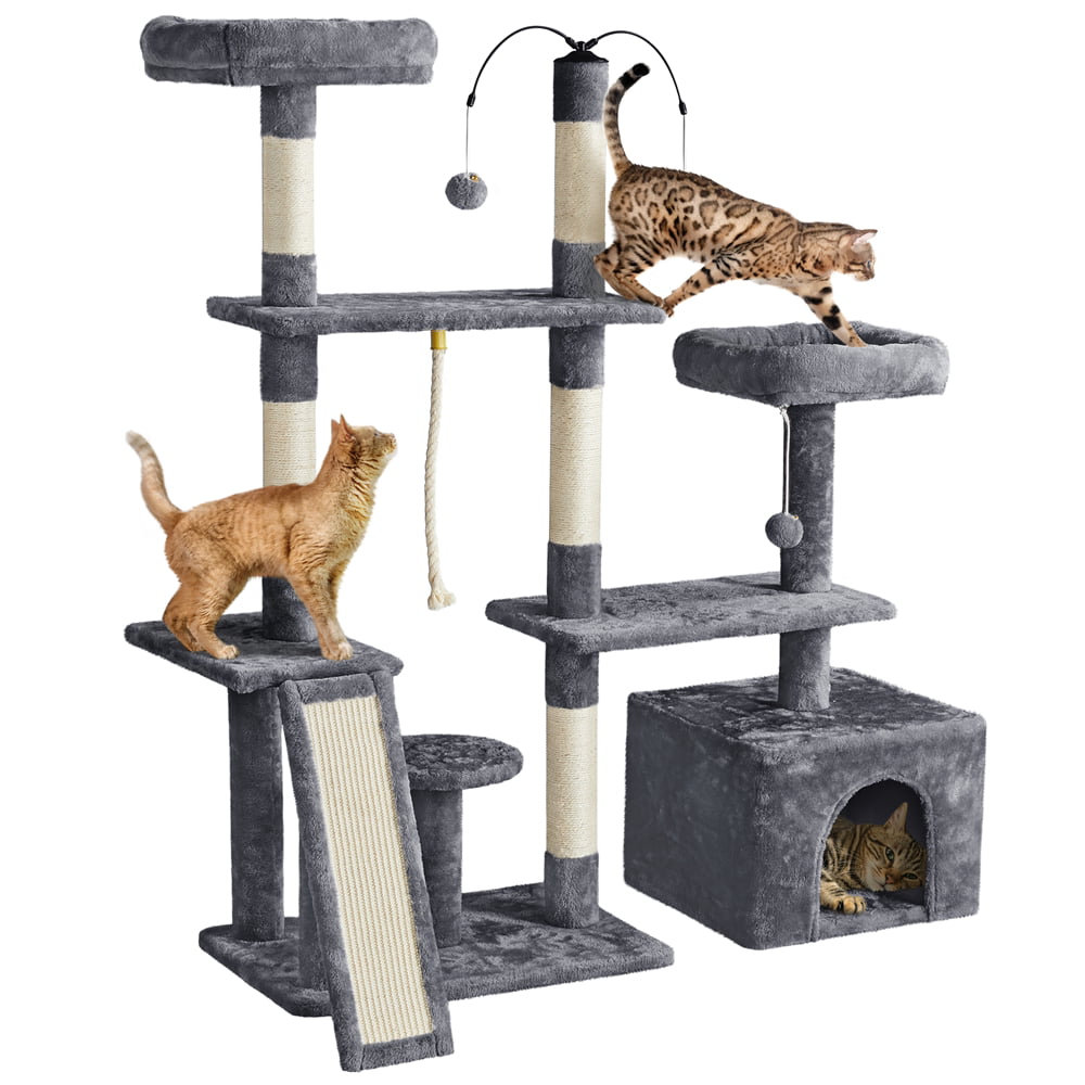 SMILE MART Multilevel Plush Cat Tree Activity Tower Play Center with Sisal Scratching Posts， Dark Gray