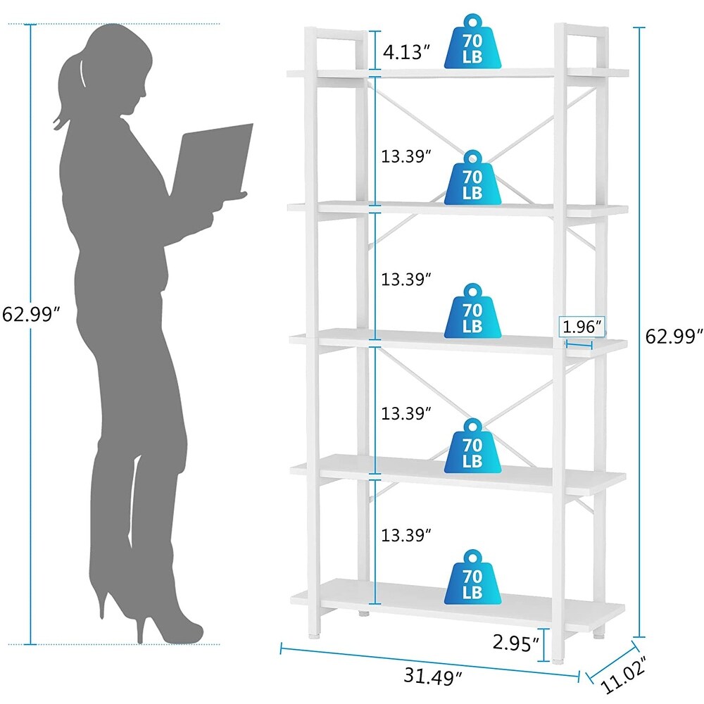 White Bookshelf 5 Tier Bookcase with Metal Frame