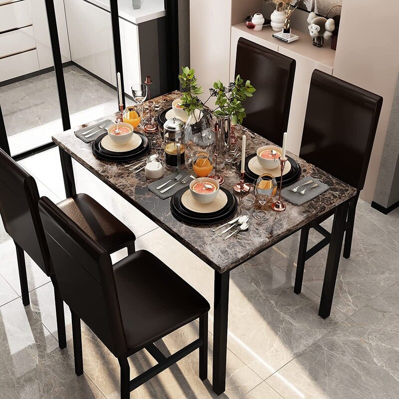 Modern Kitchen Dining Table Set for 4  Faux Marble Dining Set with 4 PU Leather Upholstered Chairs for Living Room  Kitchen