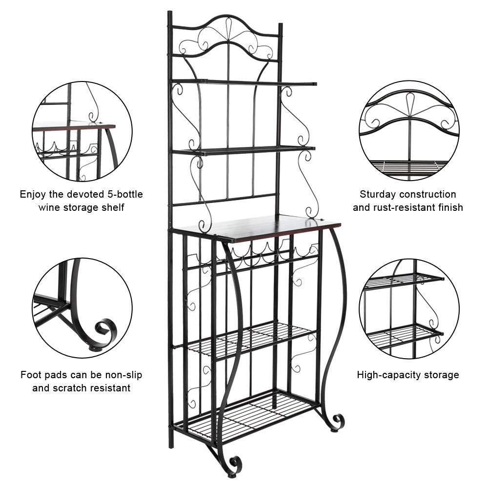 Zimtown 5-Tier Multifunctional Kitchen Baker's Rack with 5-Bottle Wine Rack Holder， Microwave Oven Stand Cart，Kitchen Island Utility Storage Shelf Organizer，Black