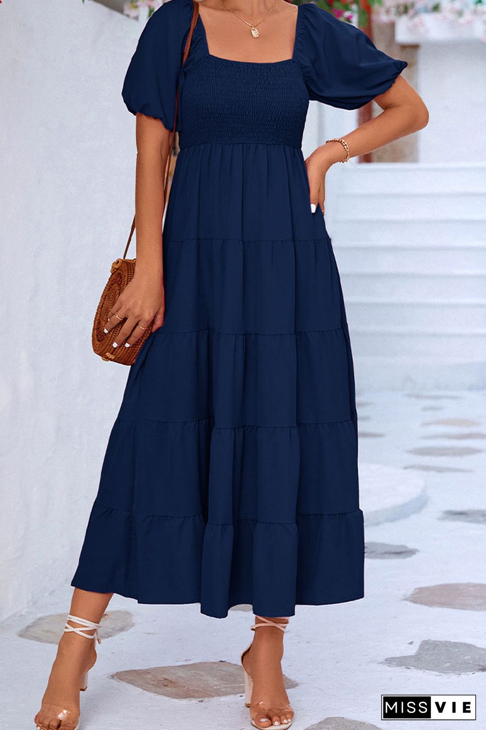 Puff Sleeves Square Neck Splicing Ruffle Long Dress