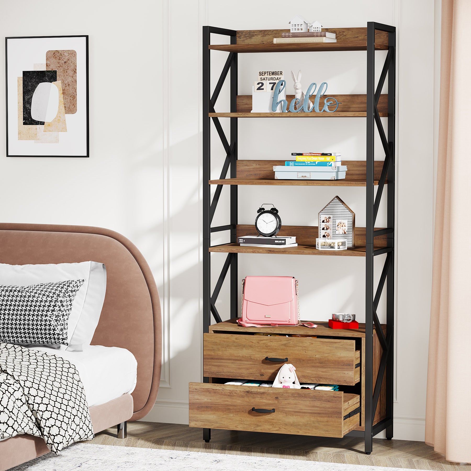 70.86 Bookshelf, Industrial 5-Tier Bookcase with 2 Drawers