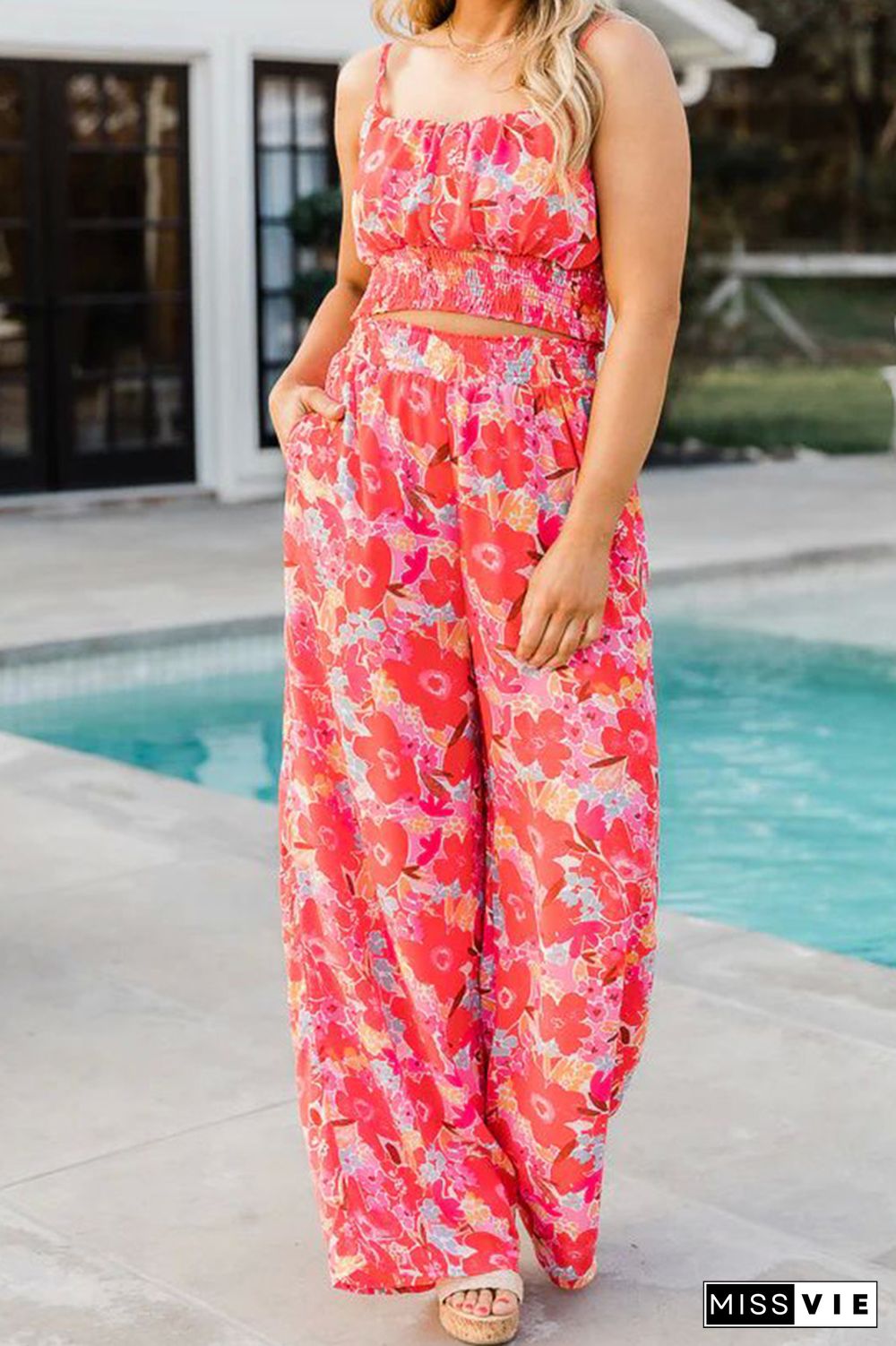 Floral High Waist Wide Leg Pants and Top 2PCS Set