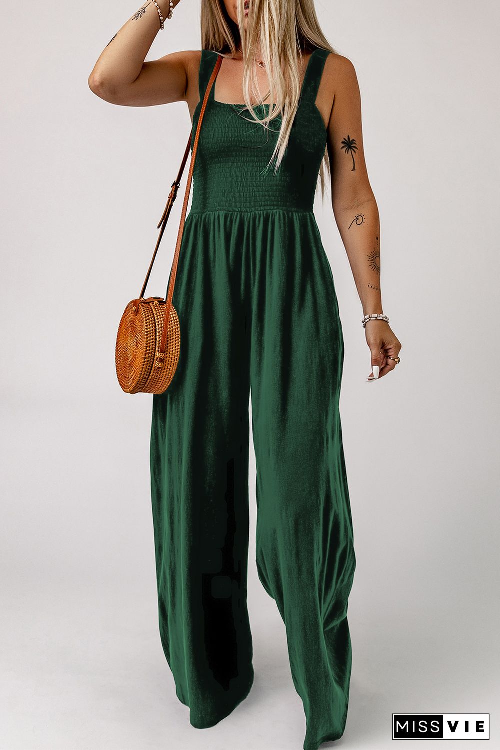 Green Smocked Sleeveless Wide Leg Jumpsuit with Pockets