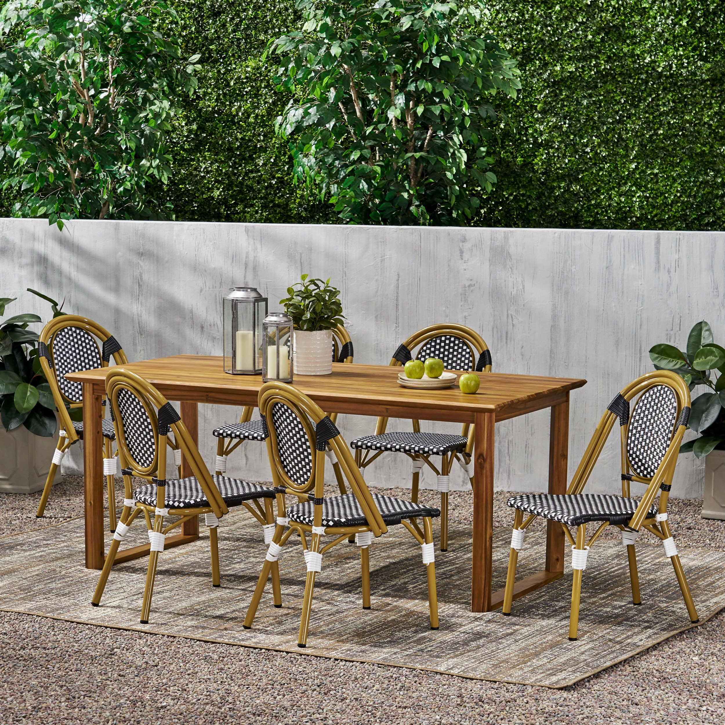 Varva Outdoor Acacia Wood and Wicker 7 Piece Dining Set