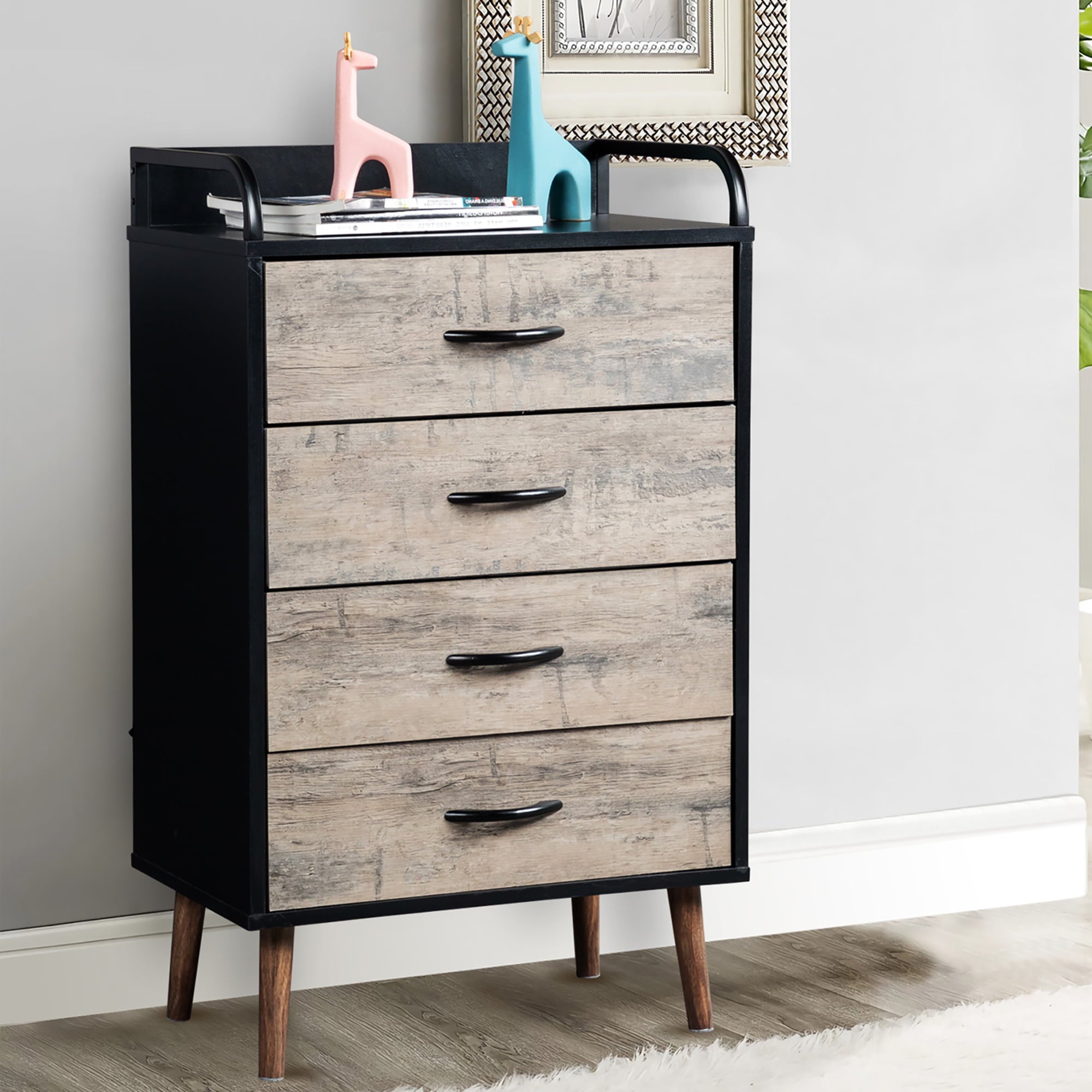 SYNGAR Modern 4 Drawer Dresser, Storage Cabinet with Fabric Drawers and Handles, Dressers and Chests of Drawers, Organizer Unit for Bedroom, Living Room, Hallway, Closets, Nursery, Gray and Black