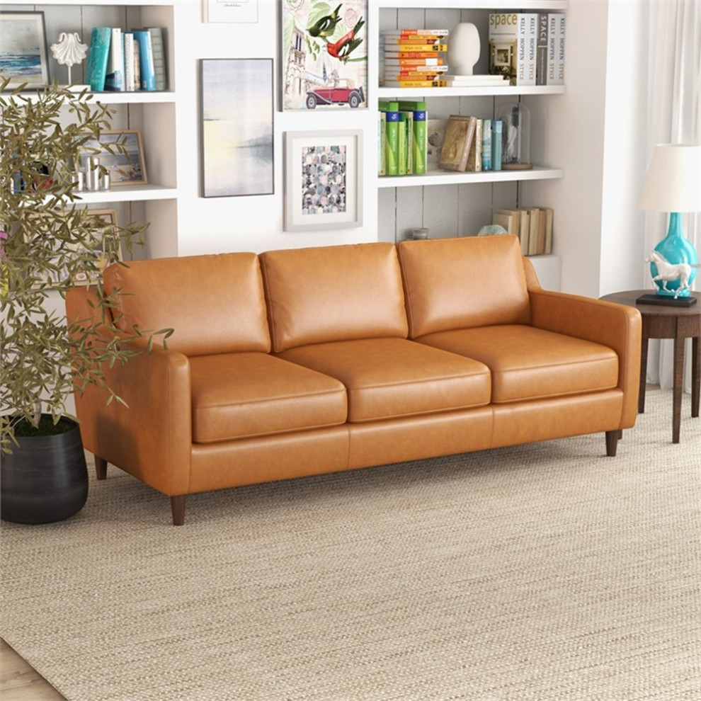 Pemberly Row Mid Century Genuine Leather Cushion Back Sofa in Tan   Midcentury   Sofas   by Homesquare  Houzz