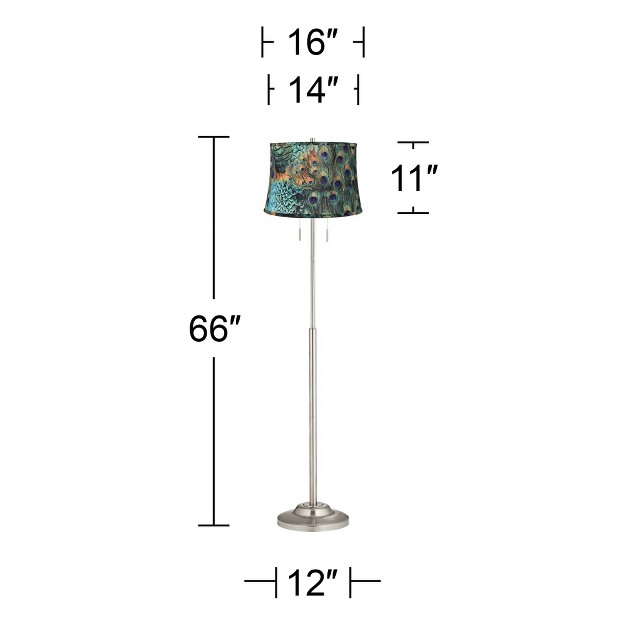 Tall Brushed Nickel Silver Metal Peacock Print Drum Shade For Living Room Bedroom Office House Home