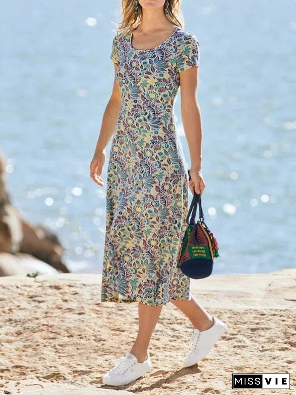 Women'S Dresses Floral Print Crew Neck Short Sleeve Dress