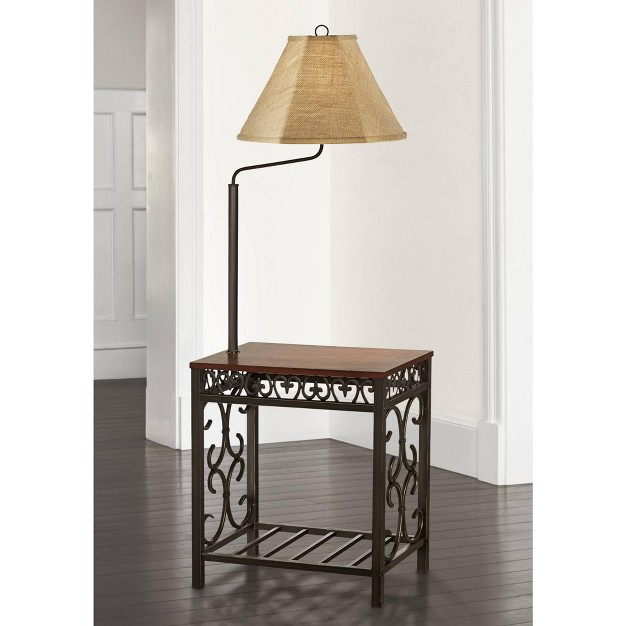 Tall Bronze Scrollwork Swing Arm Burlap Fabric Empire Shade For Living Room Reading