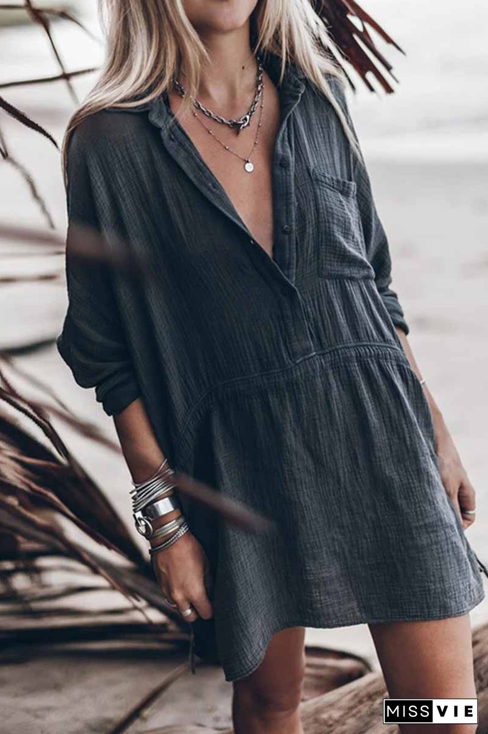 Casual Loose Cotton And Linen V-neck Dress