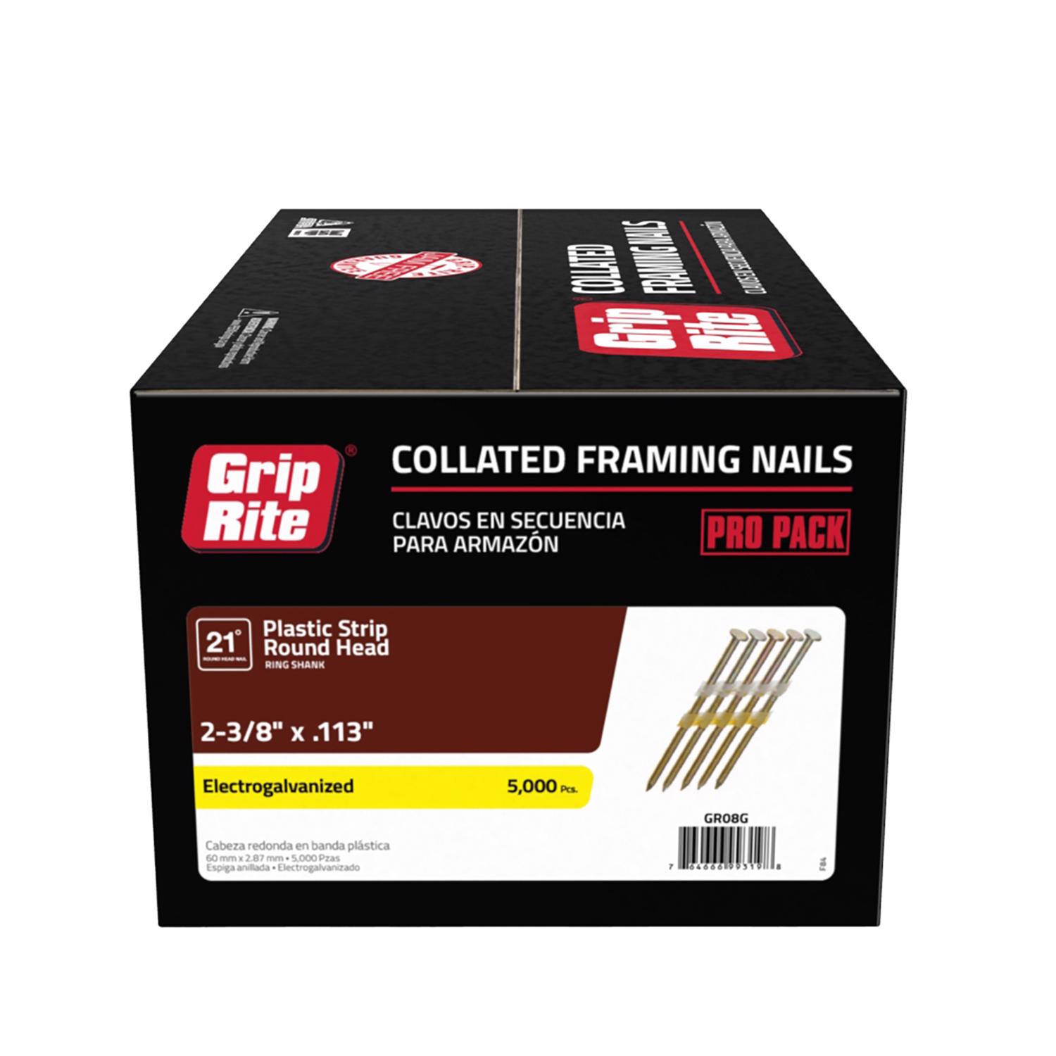 Grip-Rite 2-3/8 in. 12 Ga. Angled Strip Electro Galvanized Framing Nails 21 deg 5000 pk