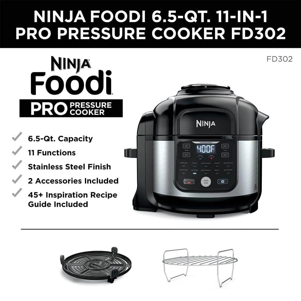 NINJA 6.5 qt. Electric Stainless Steel Pro Pressure Cooker + Air Fryer with Nesting Broil Rack FD302