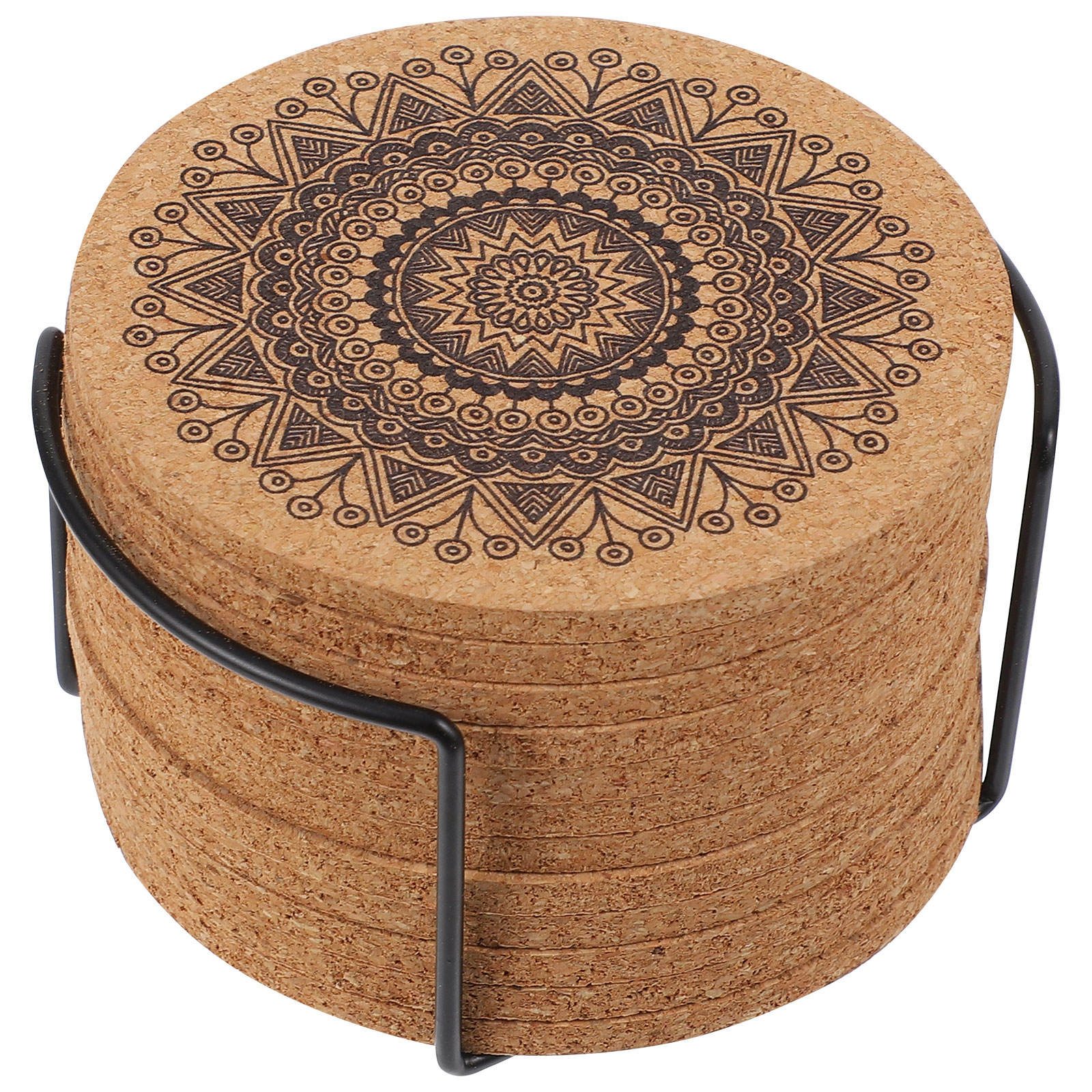 Homemaxs 1 Set Creative Nordic Mandala Design Round Shape Wooden Coasters with Rack