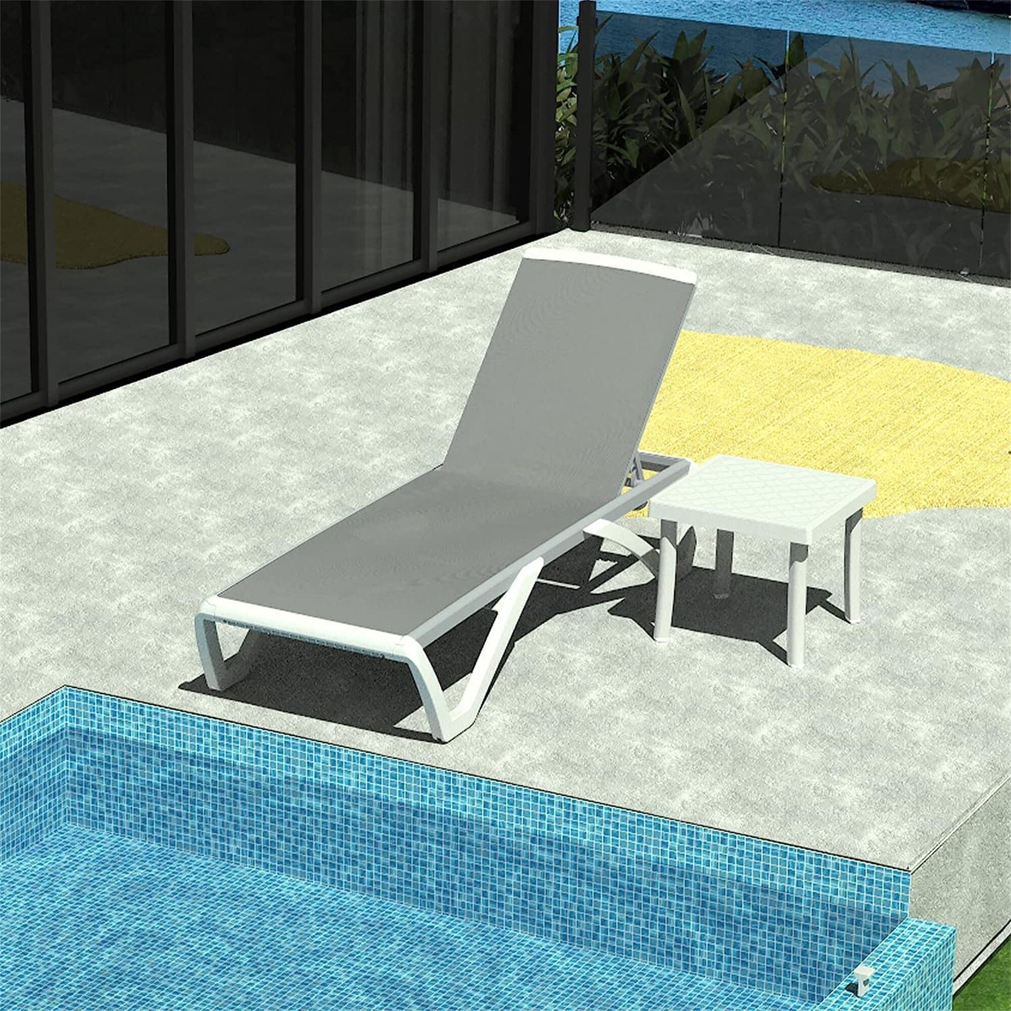 2 Pieces Patio Chaise Lounge with Table， Adjustable Backrest Pool Lounge Chairs， All Weather Breathable Pool Chairs