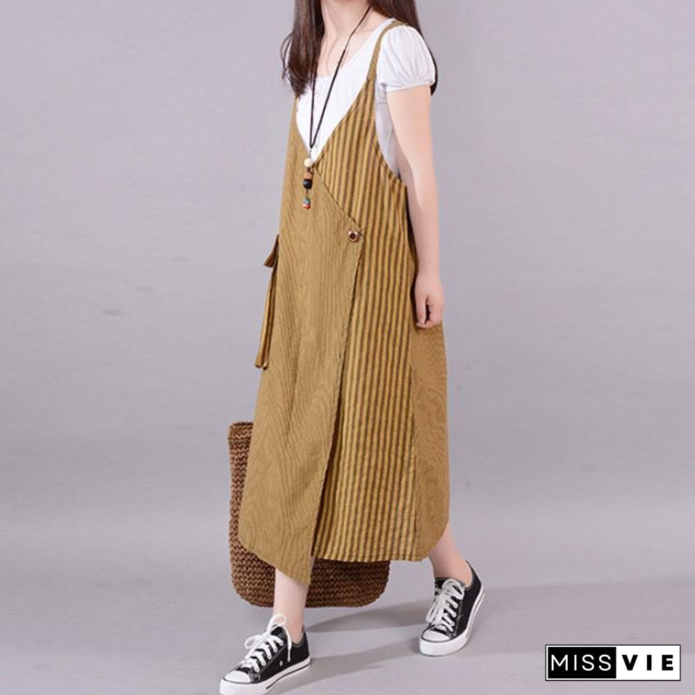 fashion long cotton blended dress Loose fitting Casual Summer Stripe Big Pocket Loose Suspender Gray Dress