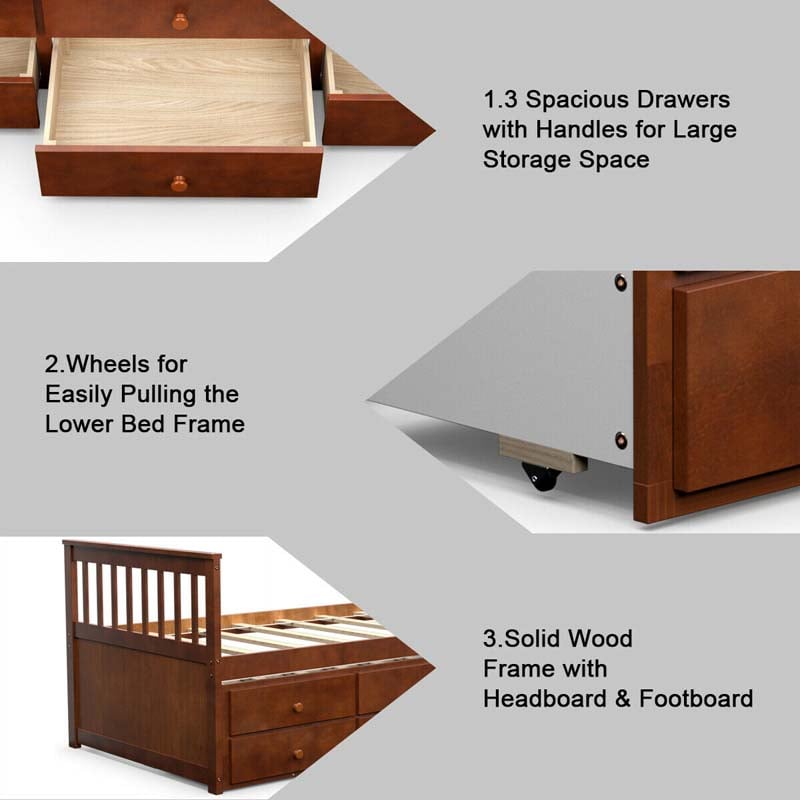 Twin Captain's Bed with Trundle Bed, Storage Daybed with 3 Drawers, Wooden Platform Bed for Kids Guests Sleepovers