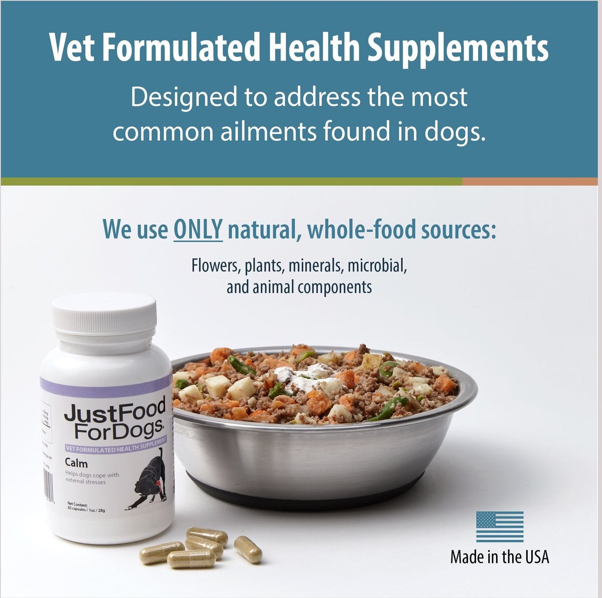 JustFoodForDogs Calm Capsule Calming Supplement for Dogs， 90 count