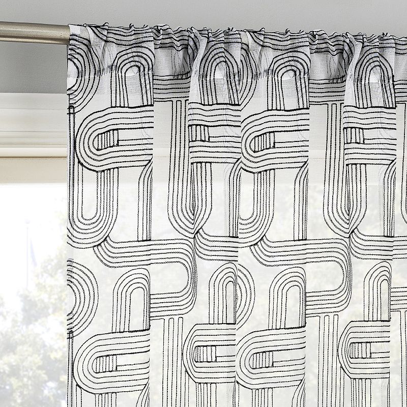 No. 918 Kaz Retro Embroidered Curves Sheer Rod Pocket 1 Window Curtain Panel