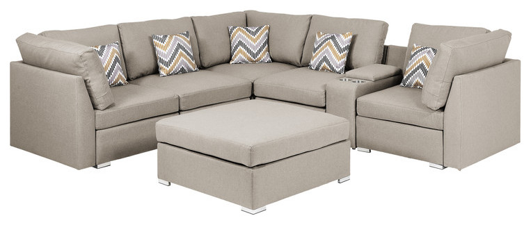 Amira Beige Fabric Reversible Sectional Sofa With Usb Console and Ottoman   Contemporary   Sectional Sofas   by Timeout PRO  Houzz