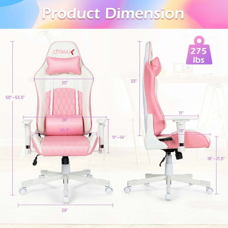 Pink Gaming Chair Recliner, High Back Ergonomic PC Racing Chair, Fully Adjustable Swivel Office Chair with Headrest & Lumbar Support