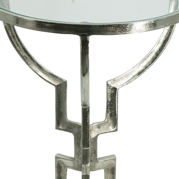 24 Inch Accent Side Table， Smooth Glass Top， Hourglass Base， Silver Finish - 15.7L x 15.7W x 23.6H， in inches