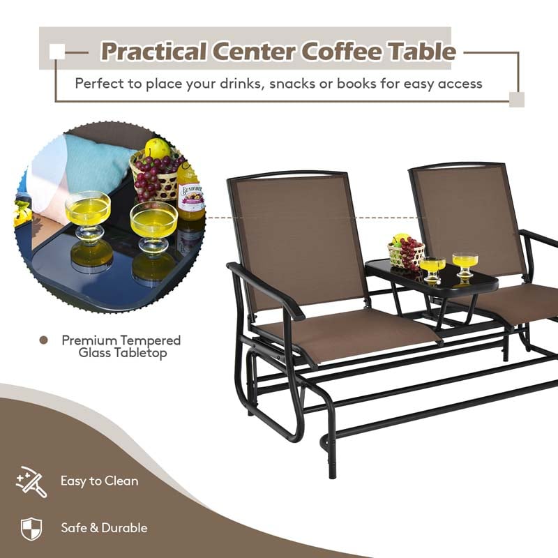 2-Person Outdoor Bench Glider Chair with Center Table, Mesh Fabric Rocking Loveseat for Patio