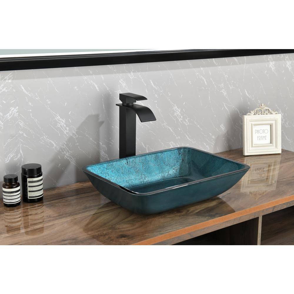 Handmade Countertop Glass Rectangular Vessel Sink in Blue with Single-Handle Faucet and Pop Up Drain in Matte Black W-Sun-12