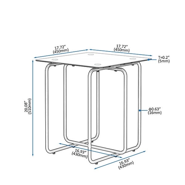 Modern Style Square Side Table with Glass Tabletop and Metal Legs