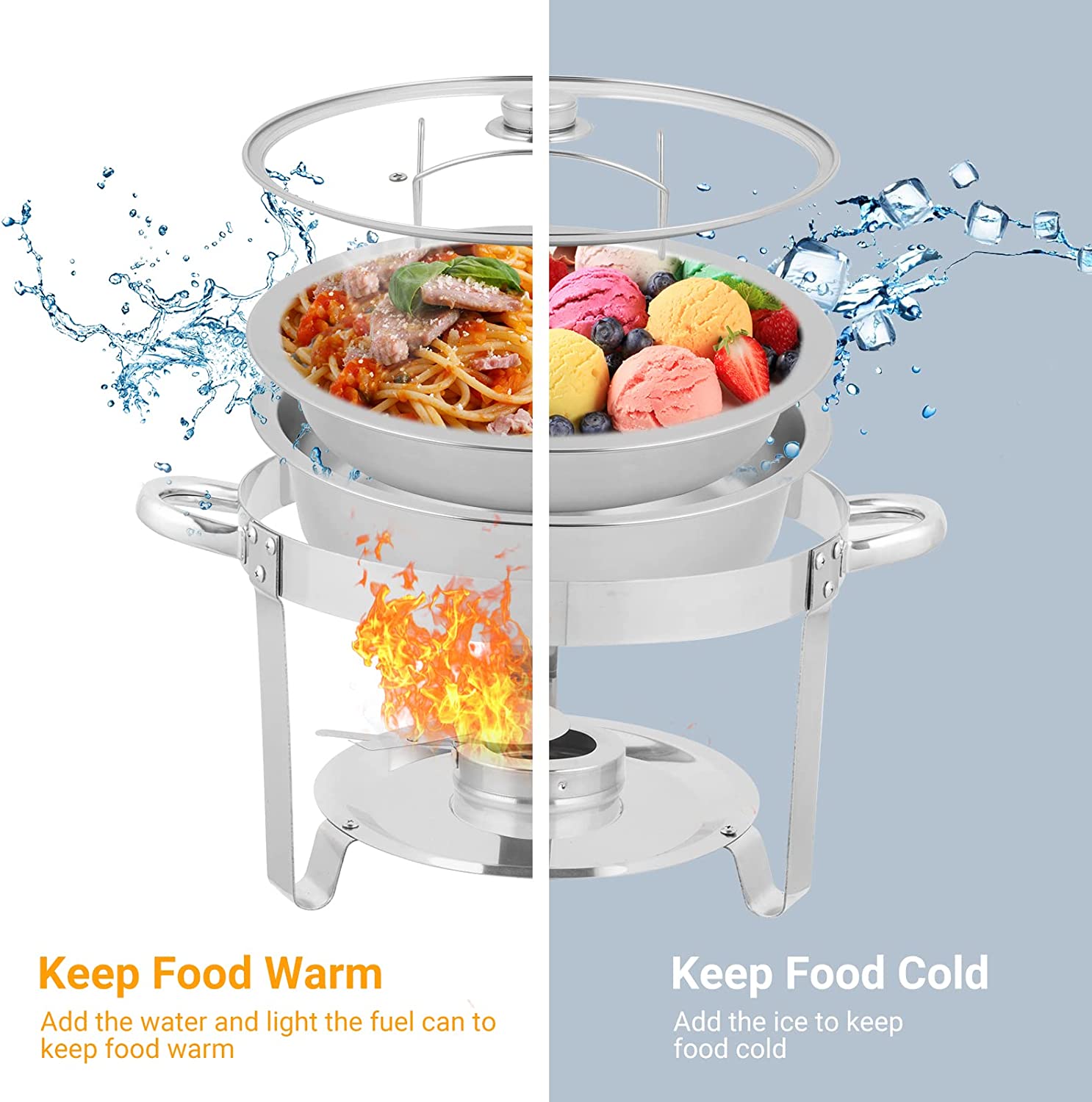 ROVSUN 5 Qt 2 Pack Round Chafing Dish Buffet Set with Glass Lid and Lid Holder