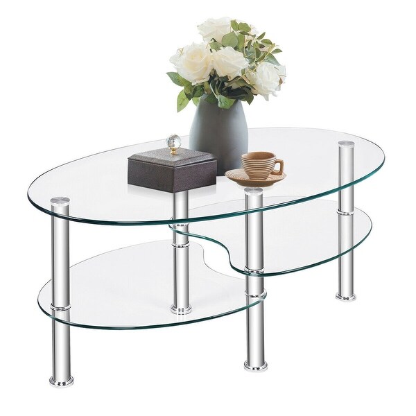 Costway Tempered Glass Oval Side Coffee Table Shelf Chrome Base Living