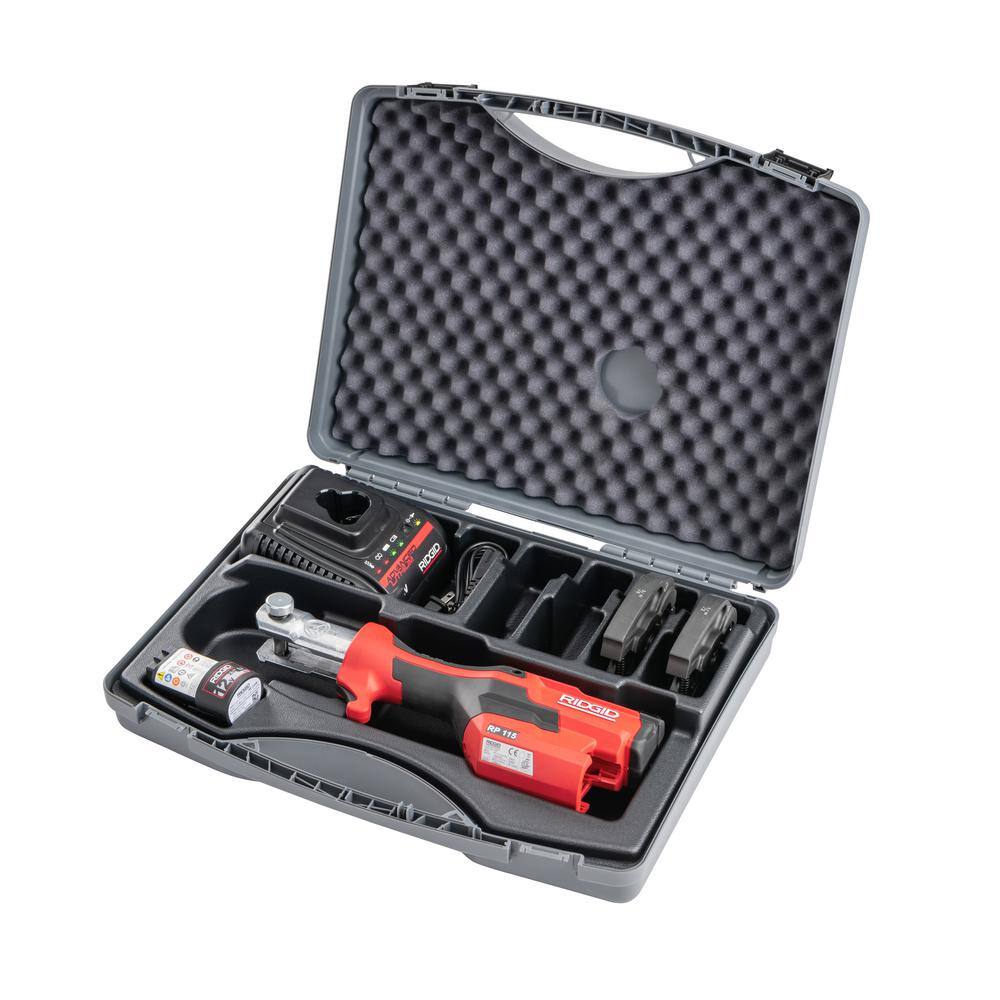 RIDGID RP 115 Mini Press Tool Kit for 12 in. - 34 in. Copper  Stainless Fittings with 12V Li-Ion Battery (Includes 6 Items) 72553