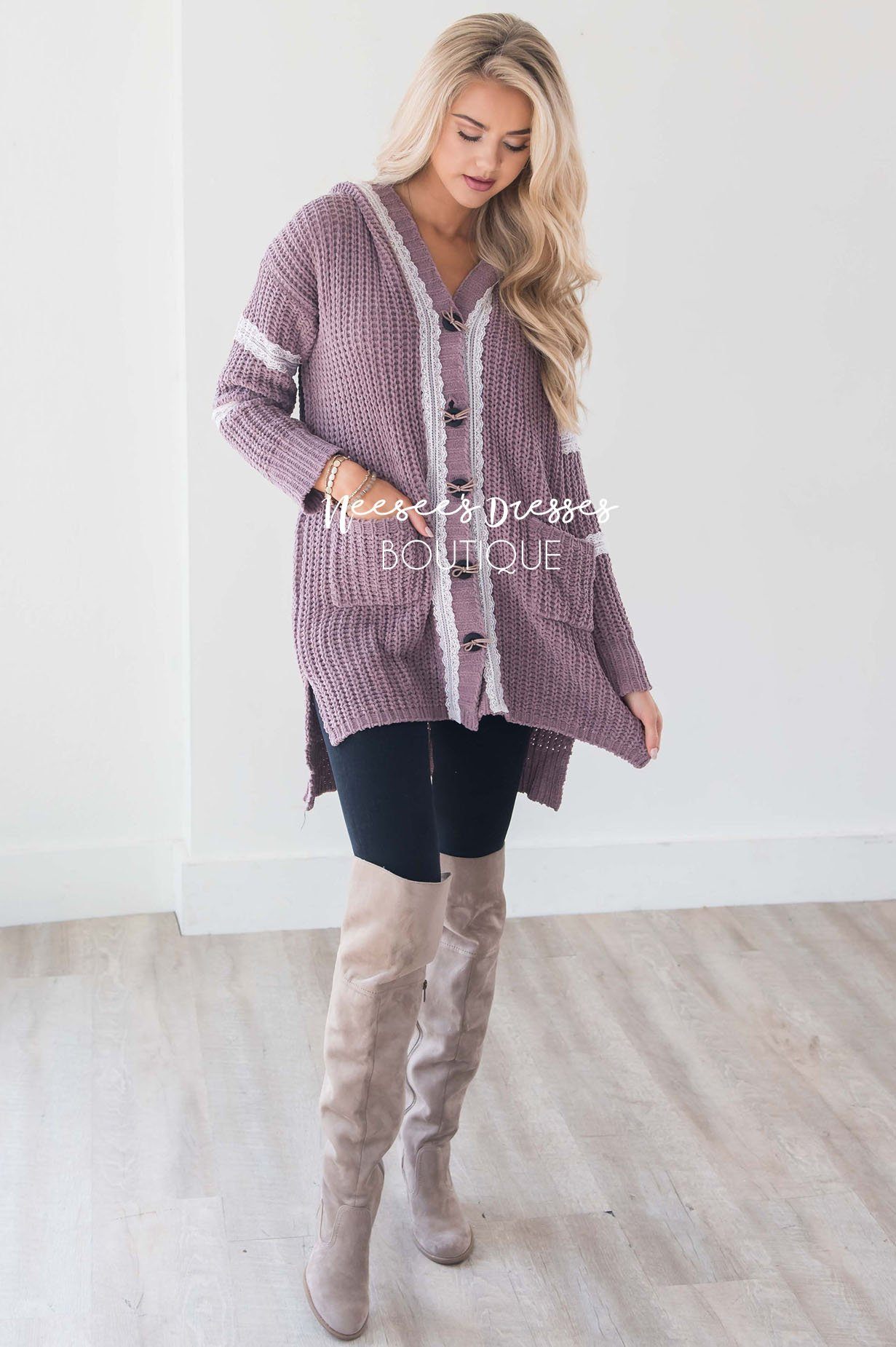 Cable Knit Lace Detail Bow Button Cardigan