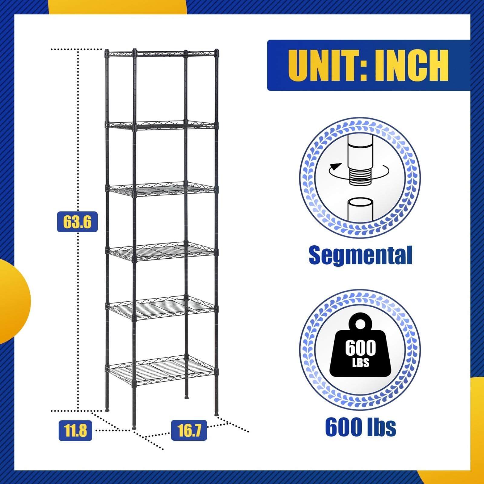 NiamVelo 6-Tier Storage Shelves Heavy Duty Metal Rack for Garage Kitchen Black