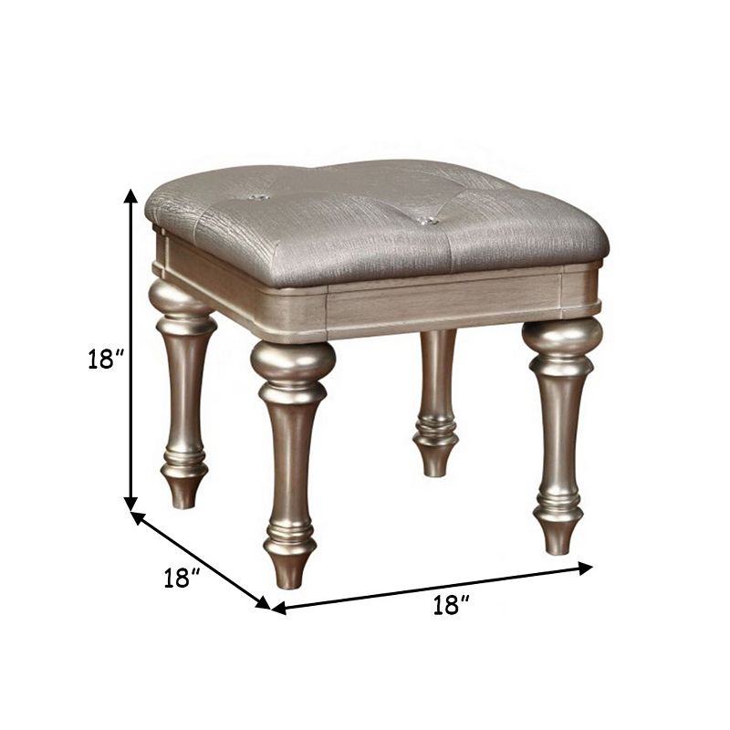 Wooden Vanity Stool with Turned Legs and Leatherette Upholstered Seat， Silver