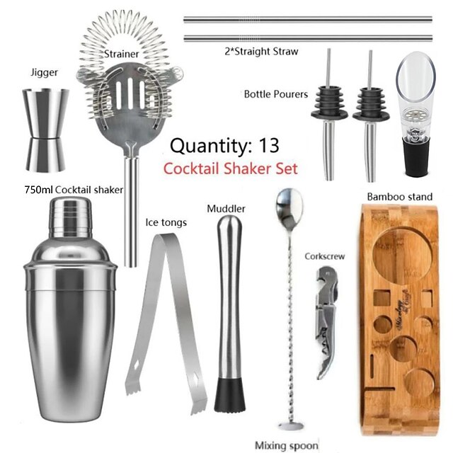 Insulated Cocktail Shaker Mixer Bartender Kit Cocktail Shaker Mixer Stainless Steel 750ml Bar Tool Set with Stylish Bamboo Stand Perfect Home Bartending Kit and Martini Cocktail Shaker Set