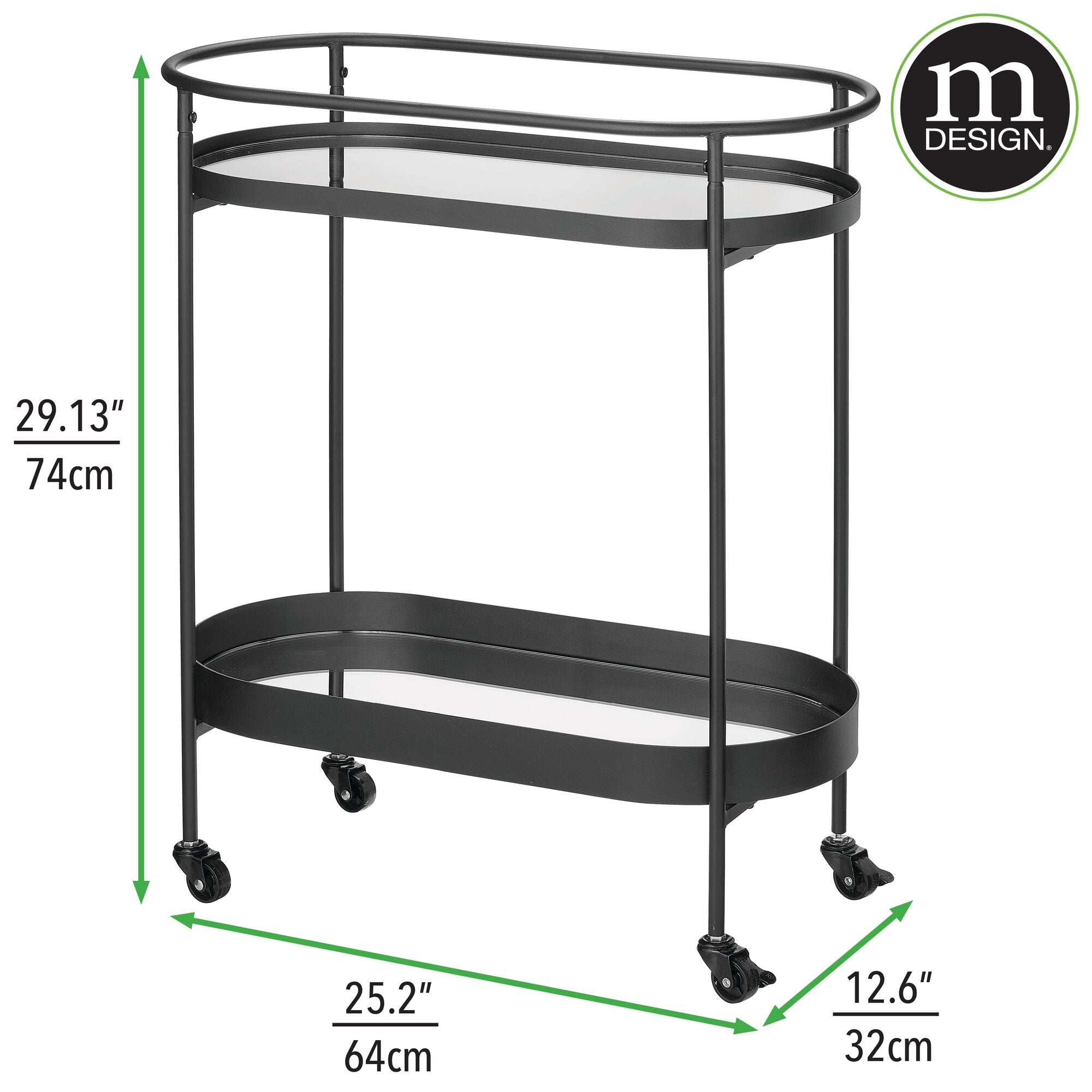 mDesign Stylish Modern Mirror Tray Top Rolling Serving Bar Cart - 2-Tier Oval Home Drink Rack Trolley Kitchen Furniture with Wheels for Wine， Coaster， Glass， Beer， and Drinks - Matte Black