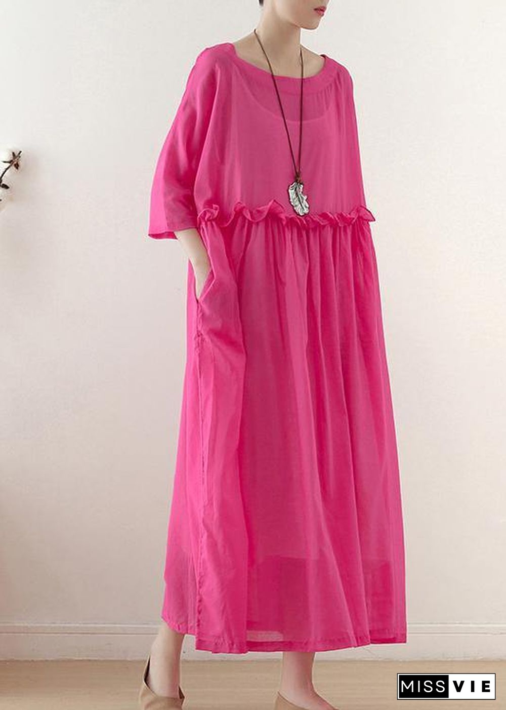 Casual Rose O-Neck Ruffled Long Dress Summer Chiffon Dress