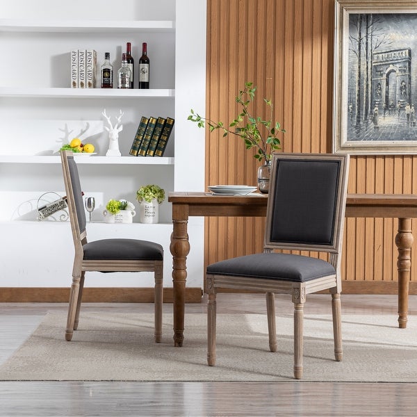 French Style Solid Wood Frame Antique Painting Linen Fabric Square Back Dining Chair(Set of 2)
