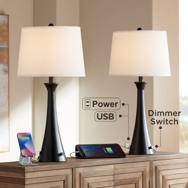 Tall Set Of 2 Black Metal With Usb And Ac Power Outlet In Base White Drum Shade For Bedroom Living Room