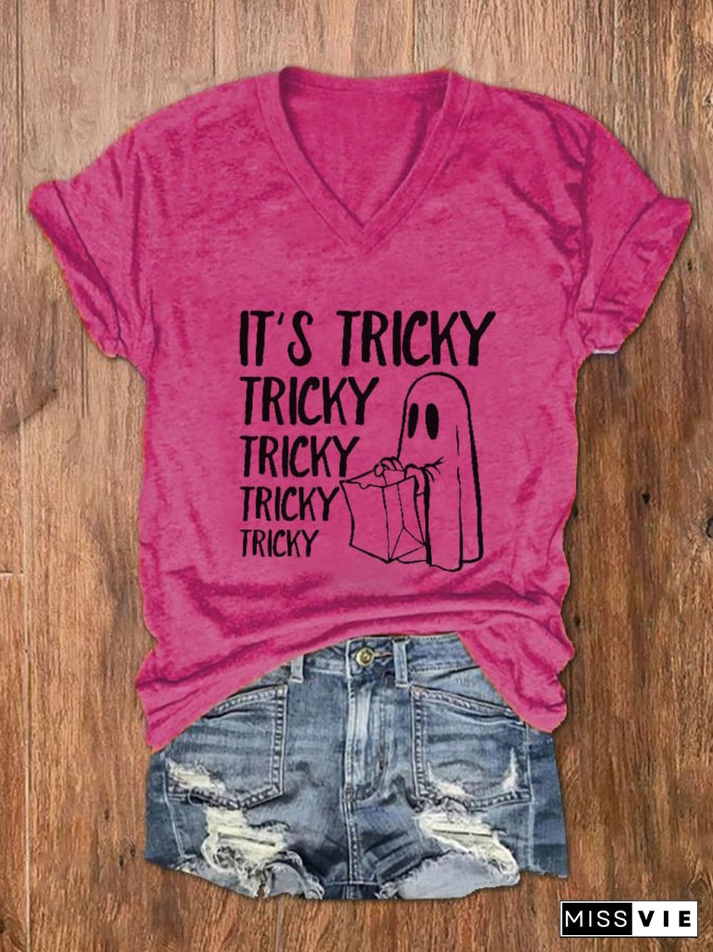 Women's It's Tricky Funny Halloween Print V-Neck T-Shirt