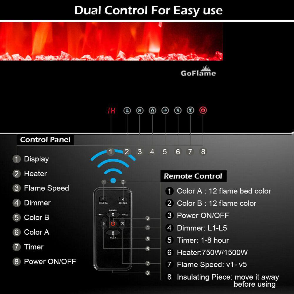 Costway 36 in. W Recessed Electric Fireplace In-Wall or Wall Mounted Electric Heater in Black EP23625