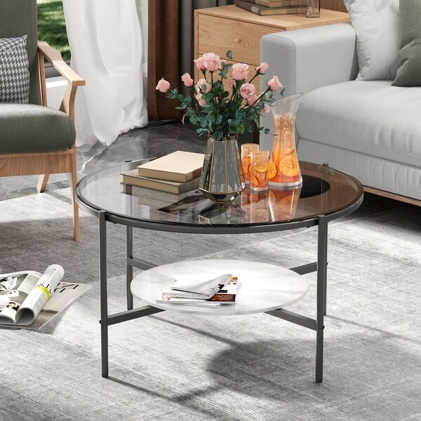 32'' Wide Round Coffee Table with Glass Top and Metal Legs