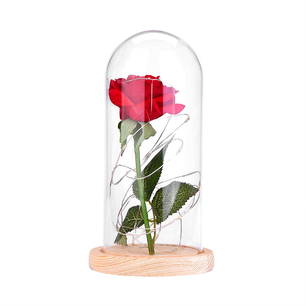 Red Rose Glass Dome LED Lamp Wooden Base for Birthday Wedding Gift (Beige Base)