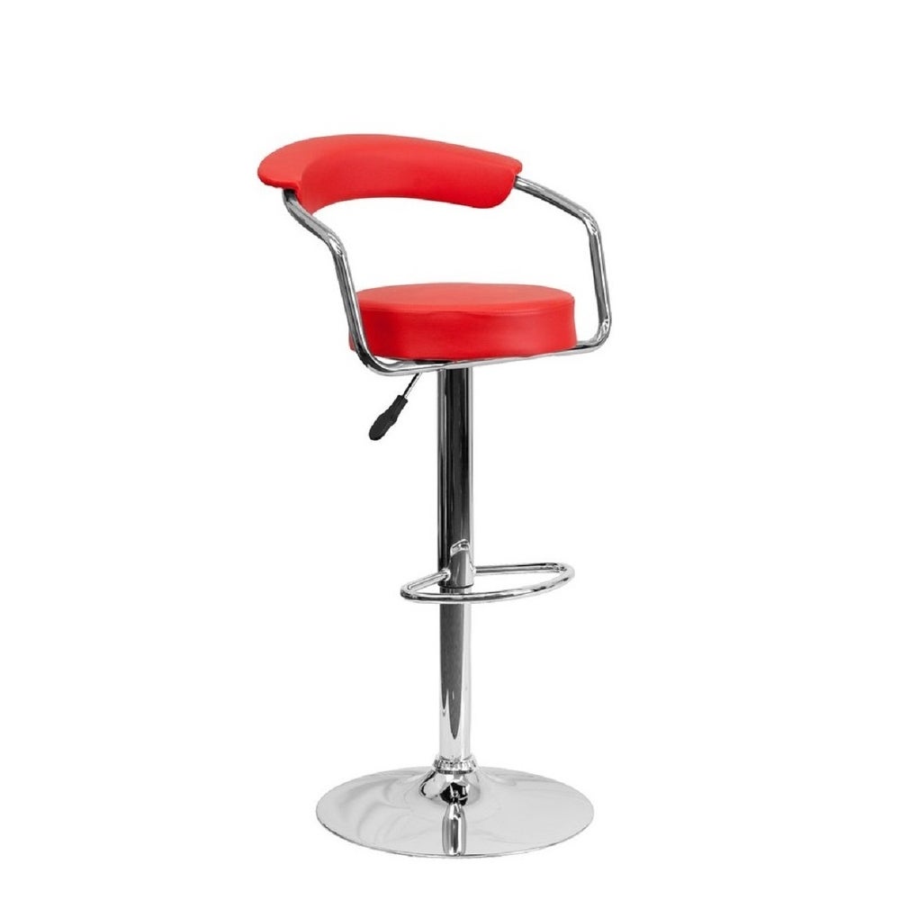 Stool With Adjustable Height And Pu Upholstered， Stainless Steel Base. Set Of 4 - Red