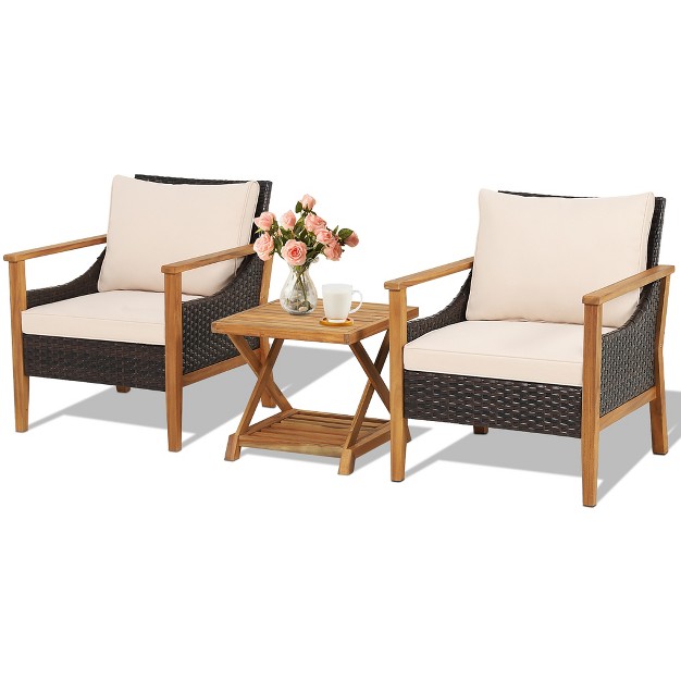 Costway 3pcs Patio Wicker Furniture Set Cushioned Armchairs With 2 tier Side Table Balcony