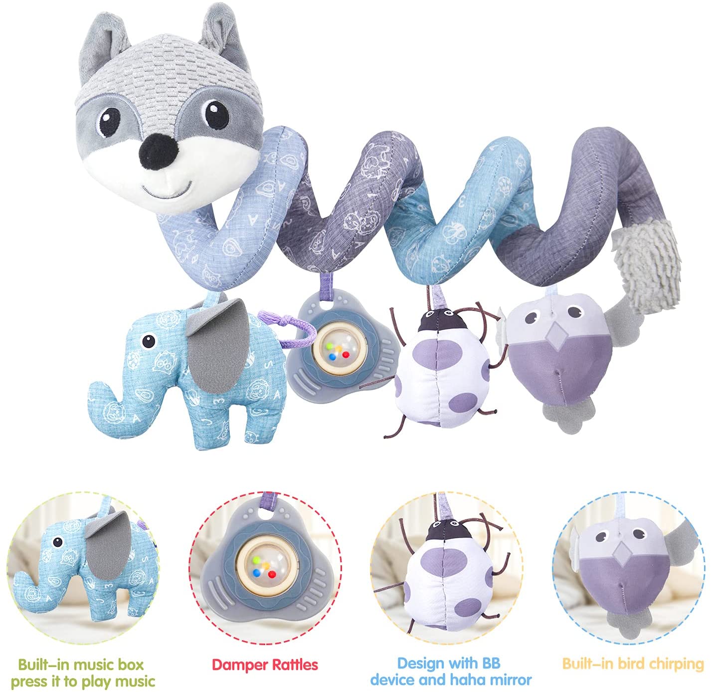 Car Seat Toys， Infant Baby Gray Fox Spiral Plush Activity Hanging Toys for Car Seat Stroller Bar Crib Bassinet Mobile with Music Box BB Squeaker and Rattles（Gray）